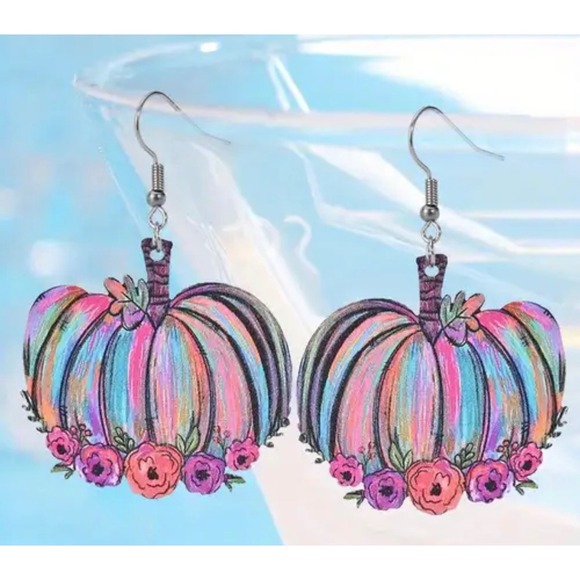 Floral Pumpkin Dangle Earrings Fall Autumn Thanksgiving Halloween Colorful New - Picture 1 of 4